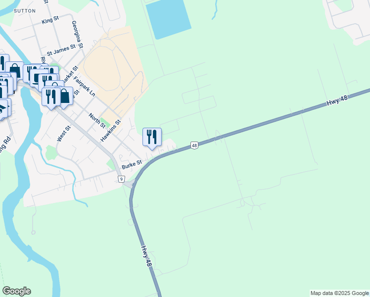 map of restaurants, bars, coffee shops, grocery stores, and more near 26216 Highway 48 in Georgina