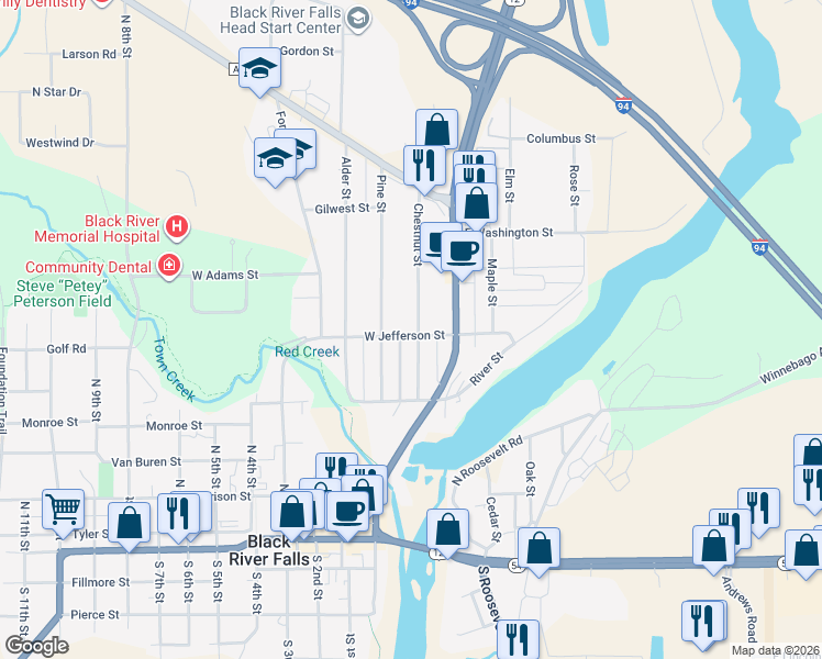 map of restaurants, bars, coffee shops, grocery stores, and more near 105 West Jefferson Street in Black River Falls