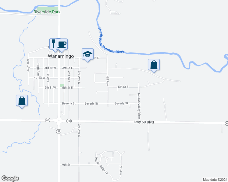 map of restaurants, bars, coffee shops, grocery stores, and more near 516 East 5th Street in Wanamingo
