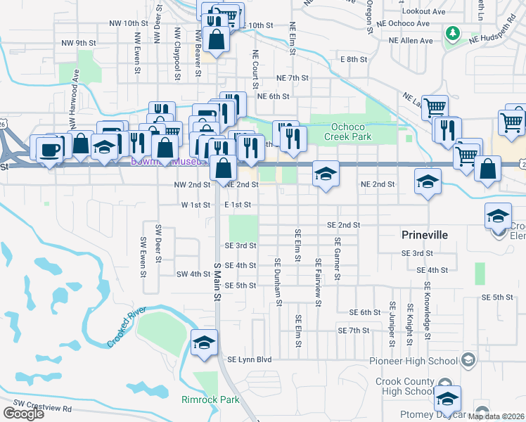 map of restaurants, bars, coffee shops, grocery stores, and more near 130 Southeast Court Street in Prineville