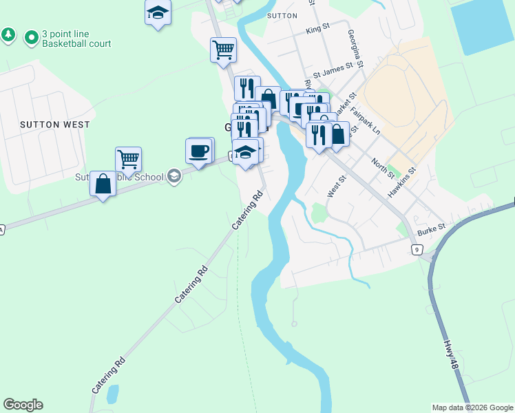 map of restaurants, bars, coffee shops, grocery stores, and more near 3 Catering Road in Georgina