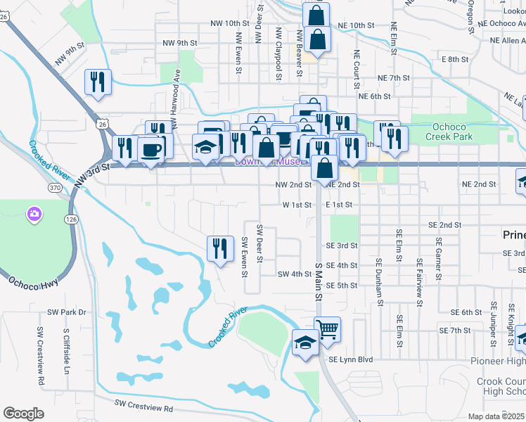 map of restaurants, bars, coffee shops, grocery stores, and more near 150 Southwest Deer Street in Prineville