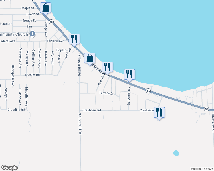 map of restaurants, bars, coffee shops, grocery stores, and more near Chambers in Houghton Lake
