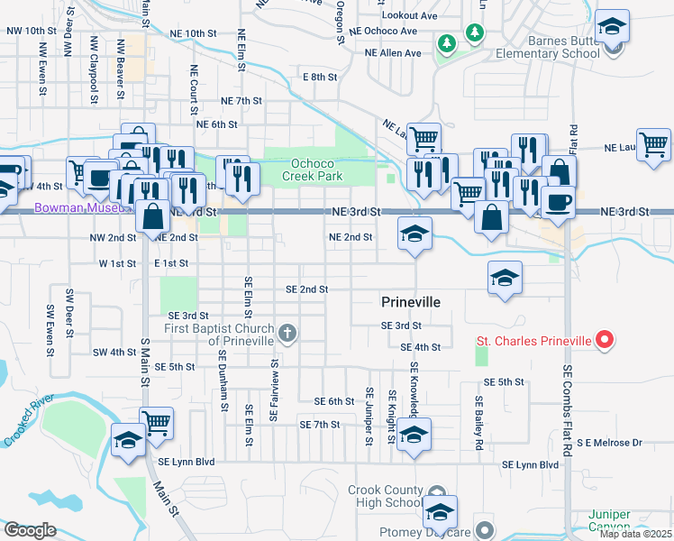 map of restaurants, bars, coffee shops, grocery stores, and more near 840 East 1st Street in Prineville