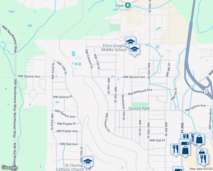 map of restaurants, bars, coffee shops, grocery stores, and more near 2704 Northwest 16th Street in Redmond