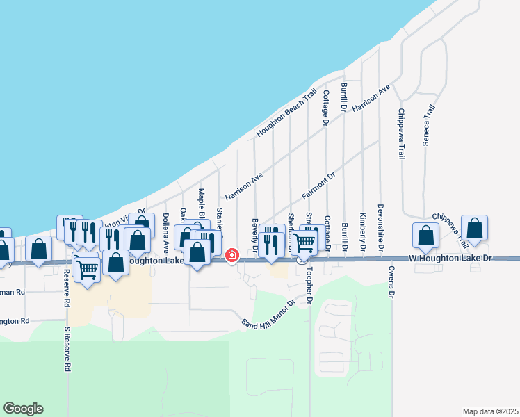 map of restaurants, bars, coffee shops, grocery stores, and more near 214 Beverly Drive in Houghton Lake