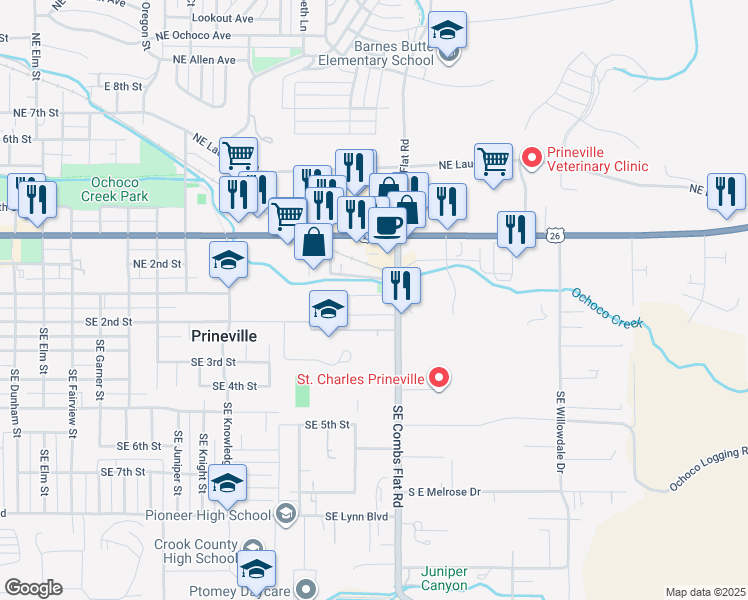map of restaurants, bars, coffee shops, grocery stores, and more near 1644 Southeast Mountain View Drive in Prineville