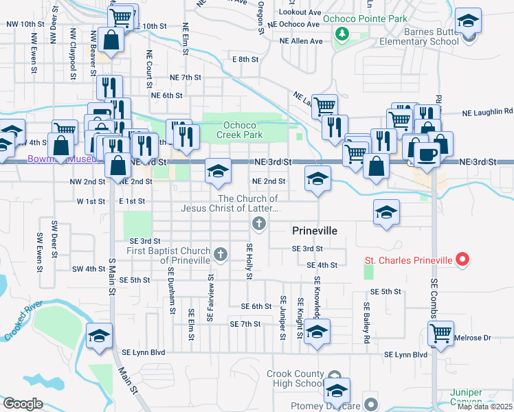 map of restaurants, bars, coffee shops, grocery stores, and more near in Prineville