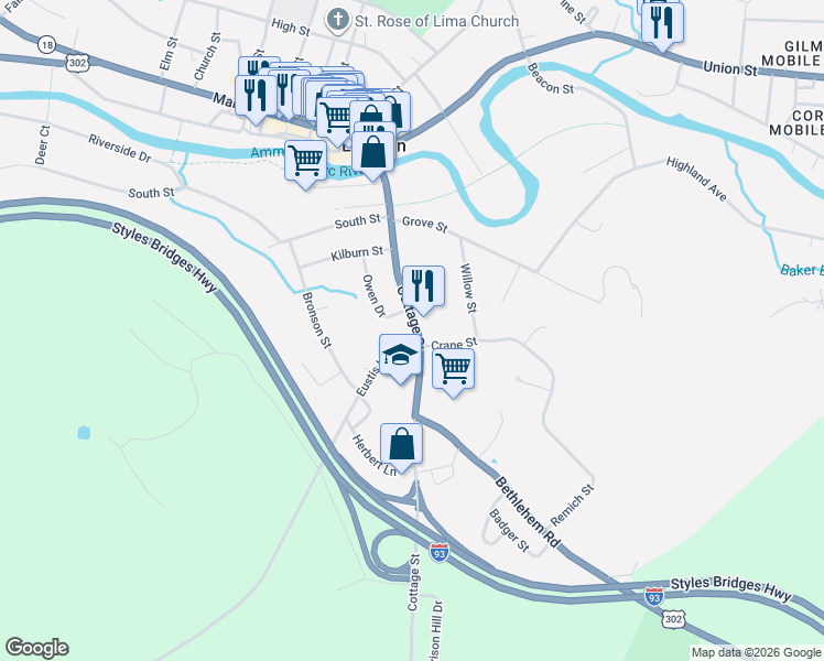 map of restaurants, bars, coffee shops, grocery stores, and more near 182 Cottage Street in Littleton