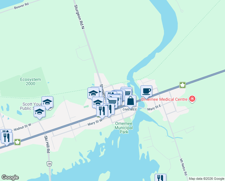 map of restaurants, bars, coffee shops, grocery stores, and more near 9 Victoria Street East in Kawartha Lakes