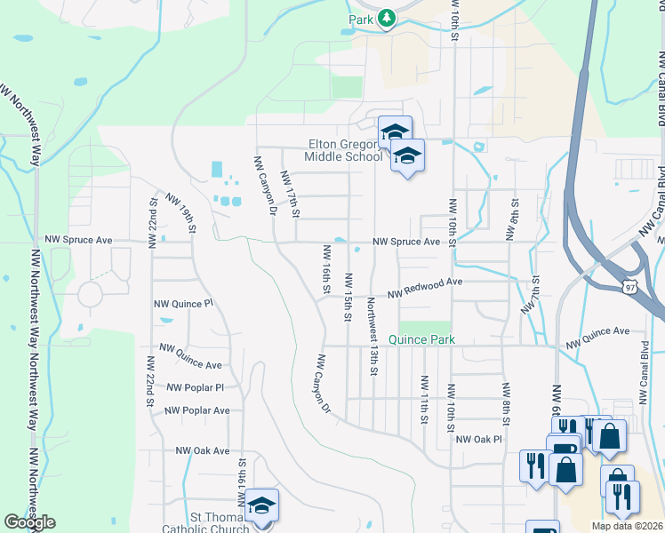 map of restaurants, bars, coffee shops, grocery stores, and more near 2704 Northwest 16th Street in Redmond