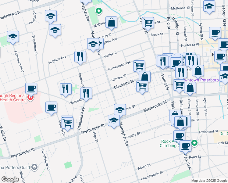 map of restaurants, bars, coffee shops, grocery stores, and more near 1314 Monaghan Road in Peterborough