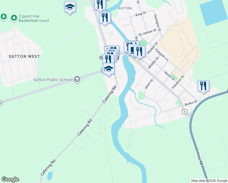 map of restaurants, bars, coffee shops, grocery stores, and more near 3 Catering Road in Georgina