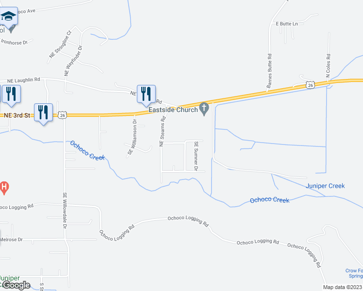 map of restaurants, bars, coffee shops, grocery stores, and more near 317 Southeast Pioneer Drive in Prineville