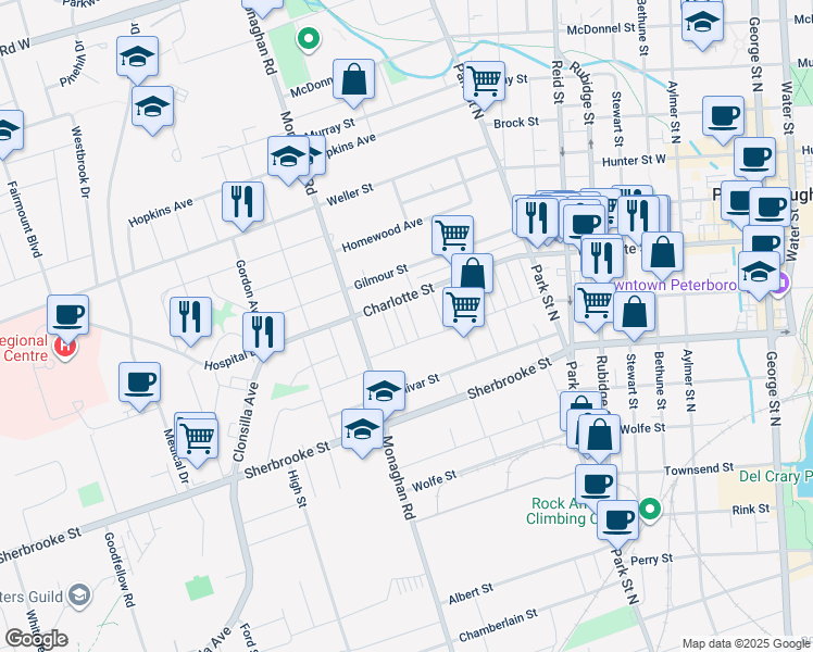 map of restaurants, bars, coffee shops, grocery stores, and more near in Peterborough