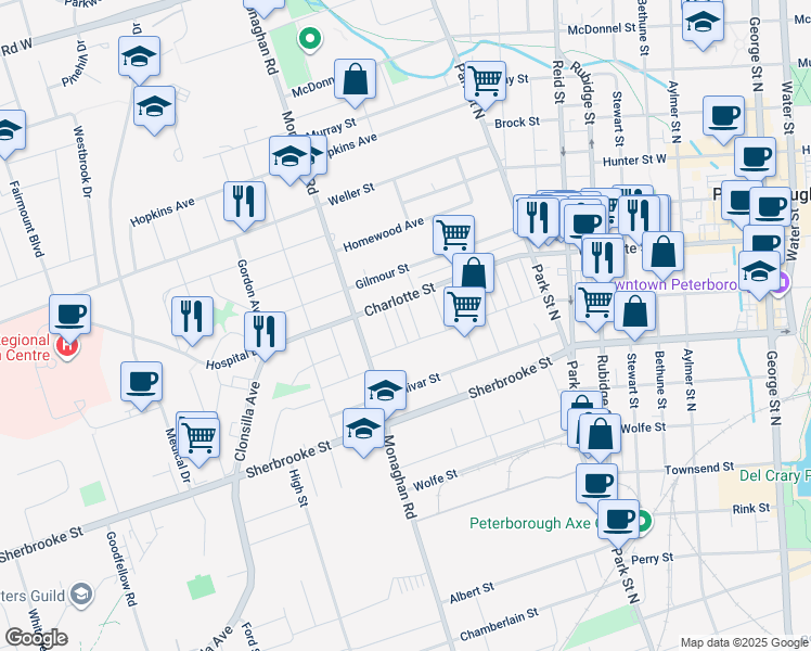 map of restaurants, bars, coffee shops, grocery stores, and more near in Peterborough