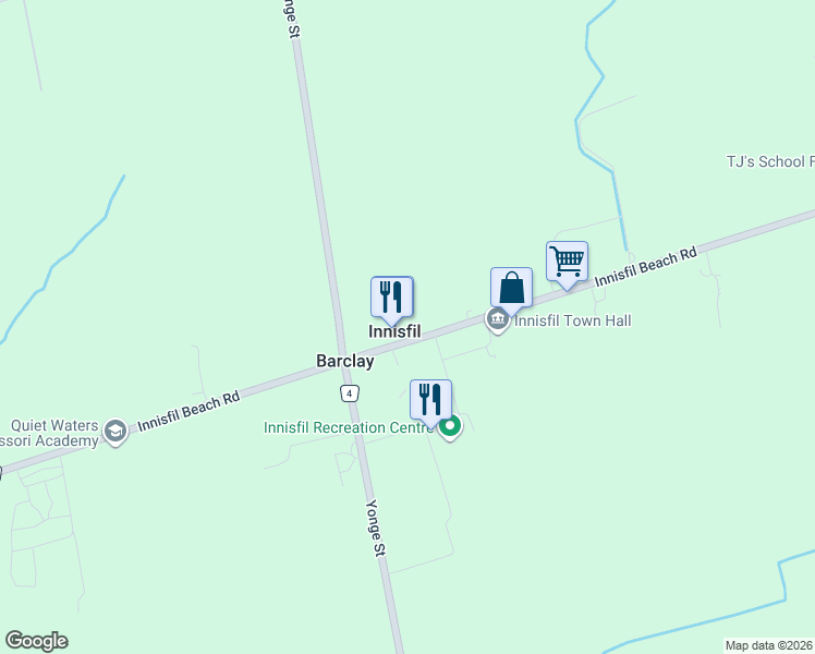 map of restaurants, bars, coffee shops, grocery stores, and more near 1540 Simcoe County Road 21 in Innisfil