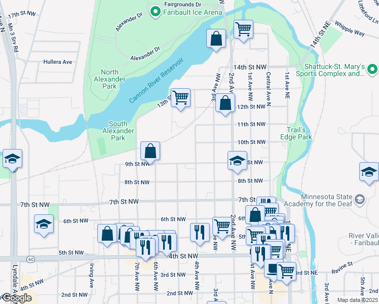 map of restaurants, bars, coffee shops, grocery stores, and more near 930 4th Avenue Northwest in Faribault