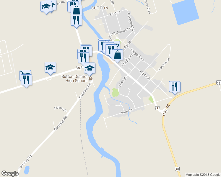 map of restaurants, bars, coffee shops, grocery stores, and more near 1 Middle Street in Georgina