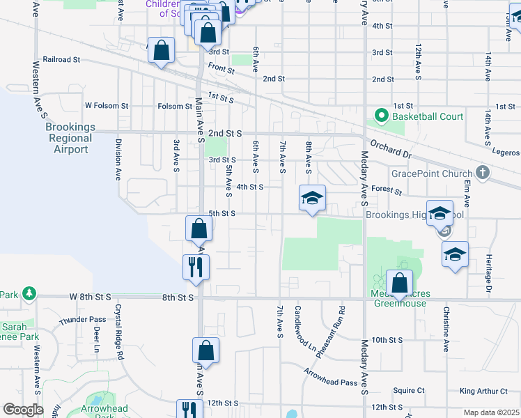 map of restaurants, bars, coffee shops, grocery stores, and more near 423 6th Avenue South in Brookings