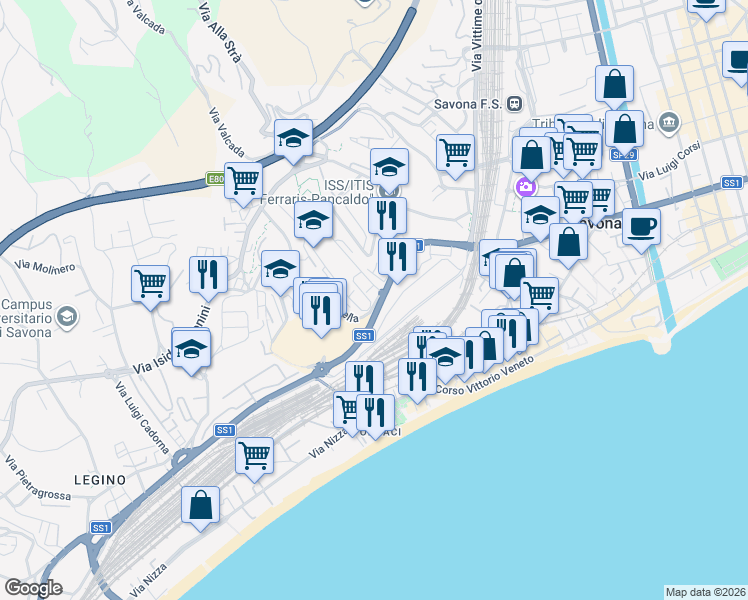 map of restaurants, bars, coffee shops, grocery stores, and more near 22 Via Chiappino in Savona