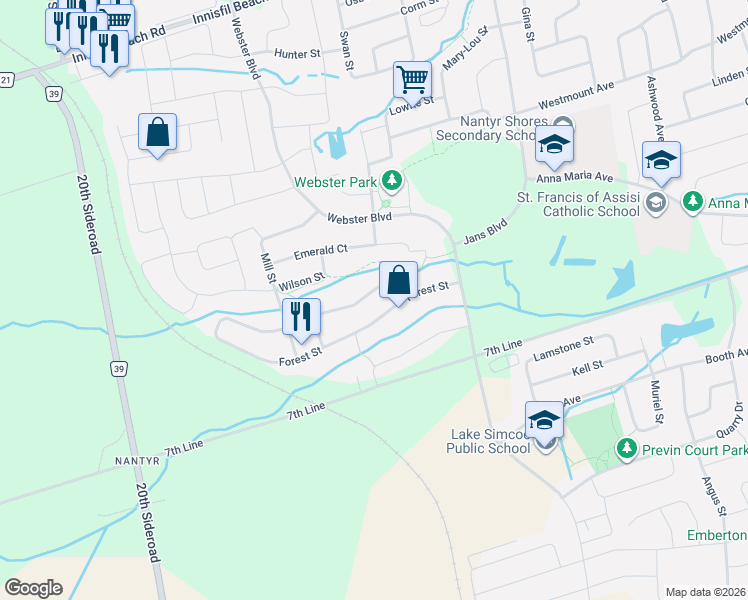 map of restaurants, bars, coffee shops, grocery stores, and more near 1283 Vincent Crescent in Innisfil