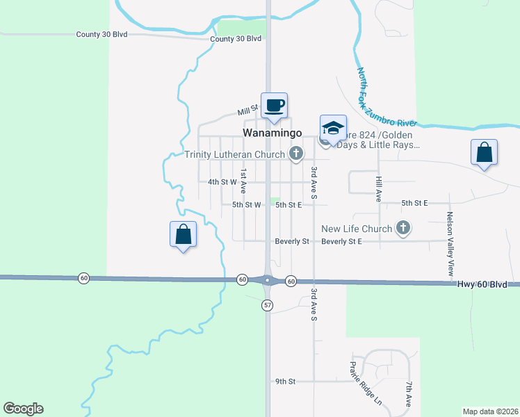 map of restaurants, bars, coffee shops, grocery stores, and more near 500 Main Street in Wanamingo