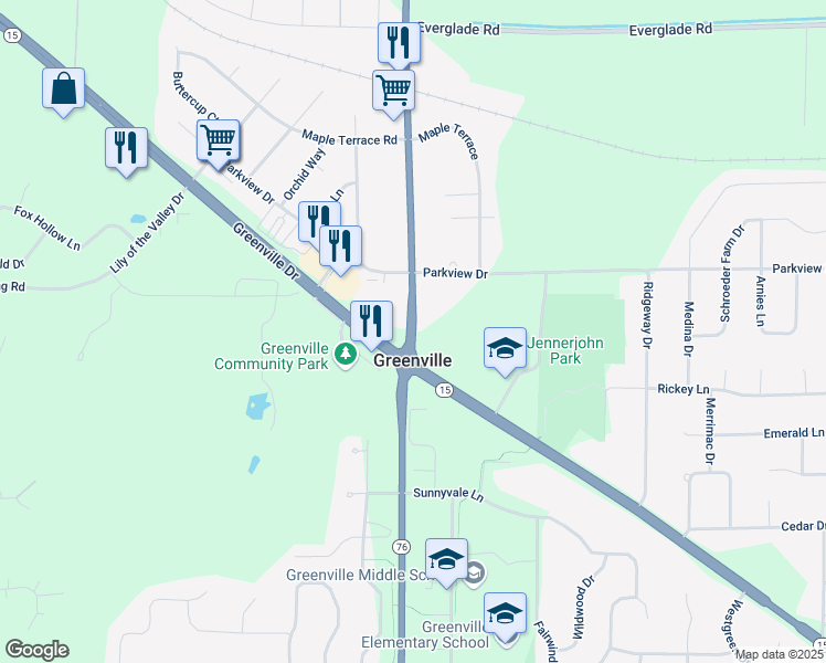 map of restaurants, bars, coffee shops, grocery stores, and more near 1678 Municipal Drive in Greenville