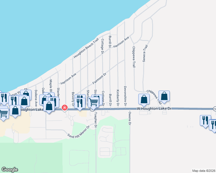 map of restaurants, bars, coffee shops, grocery stores, and more near 128 Cottage Drive in Houghton Lake