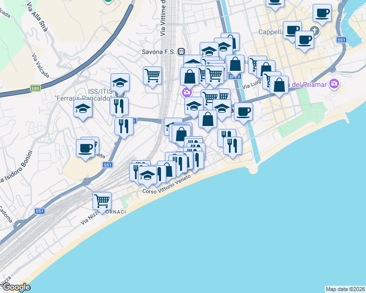 map of restaurants, bars, coffee shops, grocery stores, and more near 30 Via Giovanni Servettaz in Savona