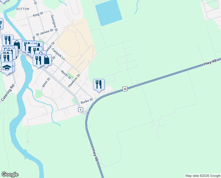 map of restaurants, bars, coffee shops, grocery stores, and more near 26162 Ontario 48 in Georgina