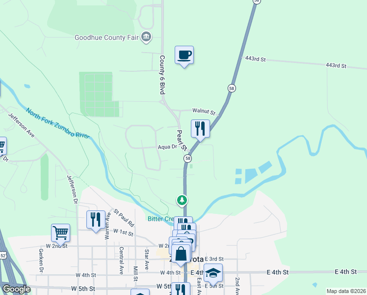 map of restaurants, bars, coffee shops, grocery stores, and more near 446 Pearl Street in Zumbrota