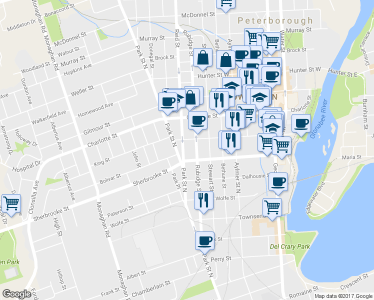 map of restaurants, bars, coffee shops, grocery stores, and more near in Peterborough