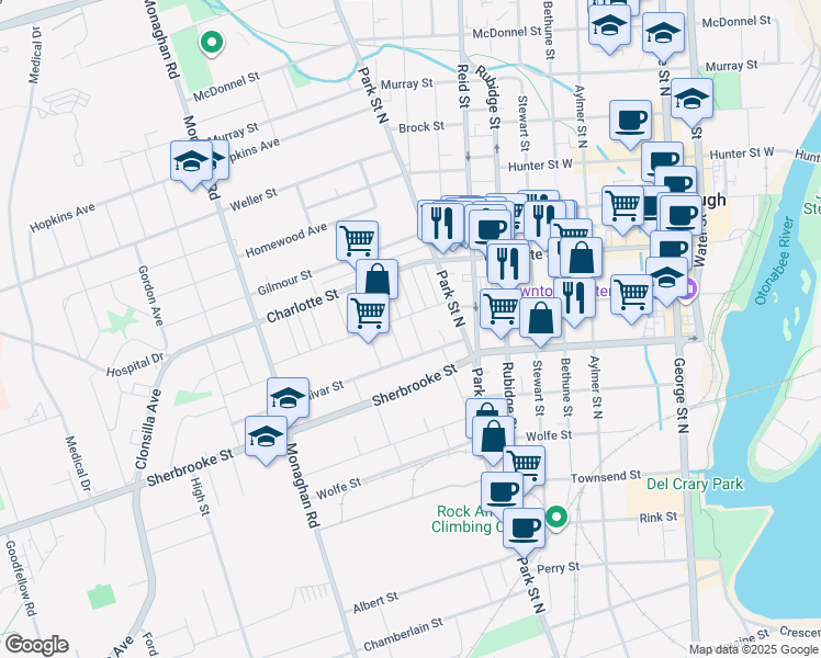 map of restaurants, bars, coffee shops, grocery stores, and more near in Peterborough
