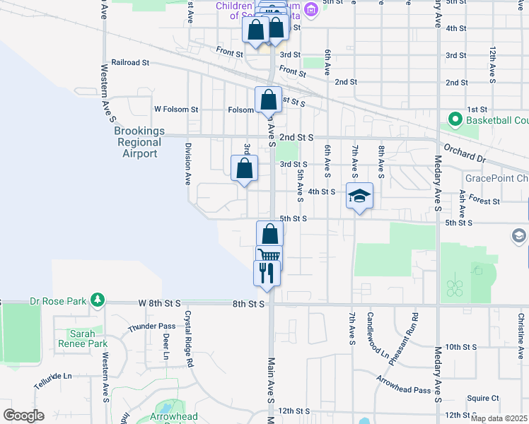 map of restaurants, bars, coffee shops, grocery stores, and more near 301-399 5th Street South in Brookings