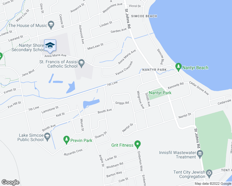 map of restaurants, bars, coffee shops, grocery stores, and more near 966 Booth Avenue in Innisfil