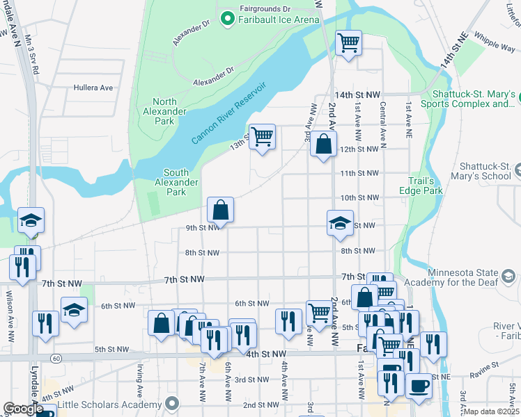 map of restaurants, bars, coffee shops, grocery stores, and more near 930 4th Avenue Northwest in Faribault