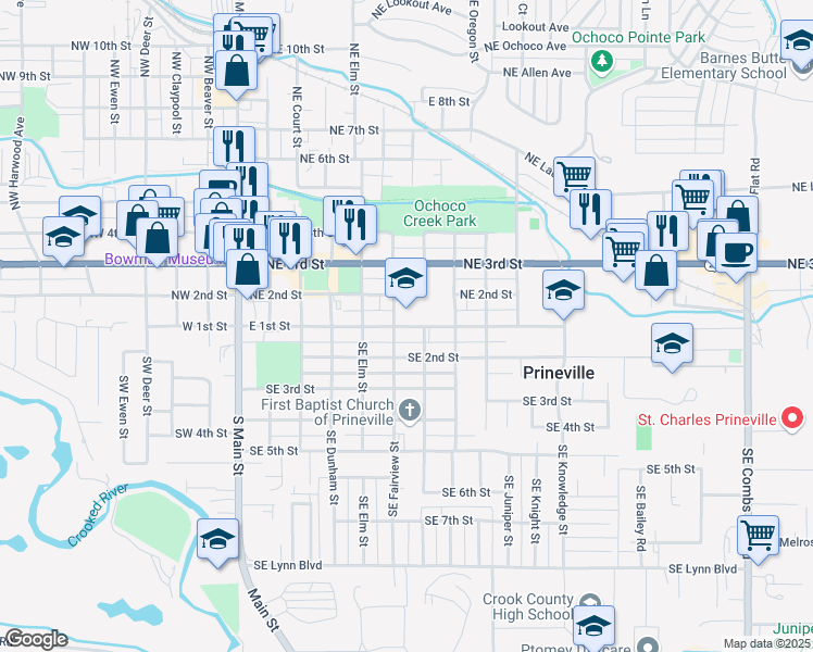 map of restaurants, bars, coffee shops, grocery stores, and more near 641 East 1st Street in Prineville