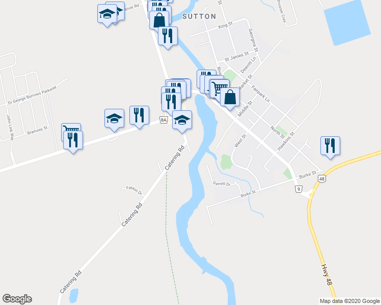 map of restaurants, bars, coffee shops, grocery stores, and more near 20360 Dalton Road in Georgina