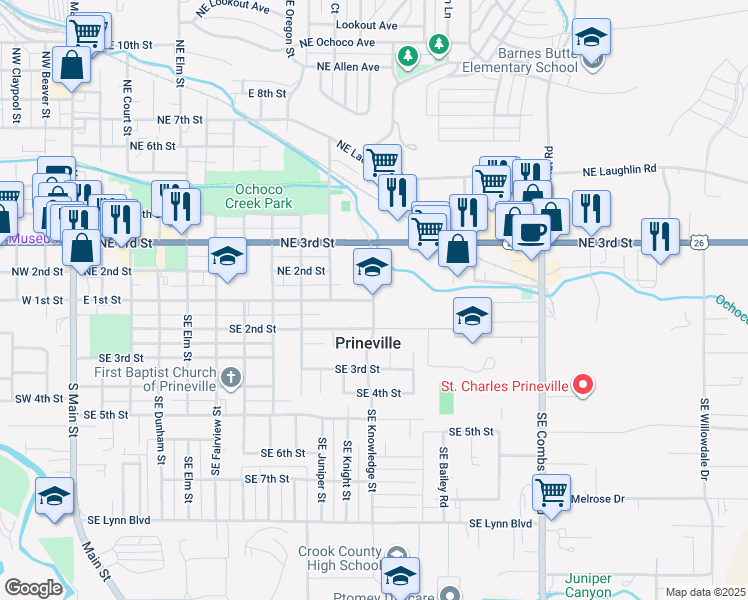 map of restaurants, bars, coffee shops, grocery stores, and more near 100 Northeast Knowledge Street in Prineville