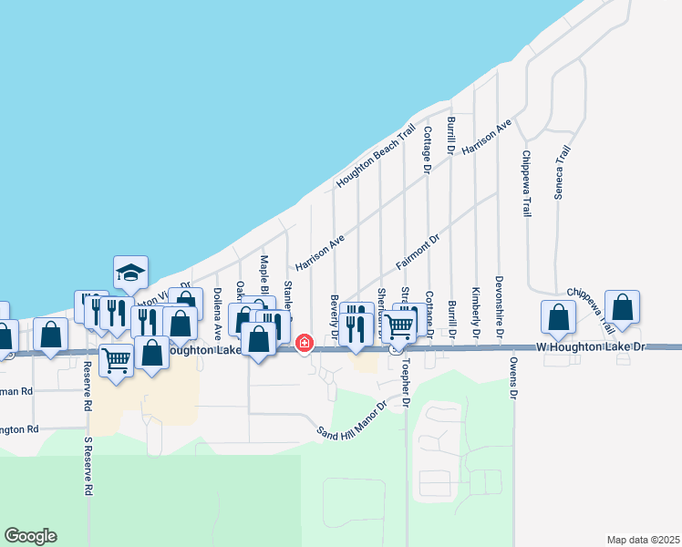 map of restaurants, bars, coffee shops, grocery stores, and more near 214 Beverly Drive in Houghton Lake