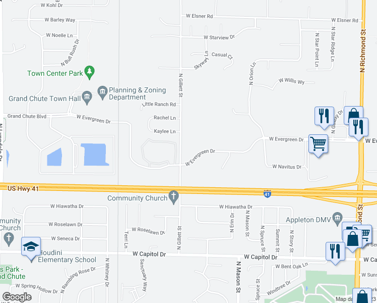 map of restaurants, bars, coffee shops, grocery stores, and more near 3822 North Gillett Street in Appleton