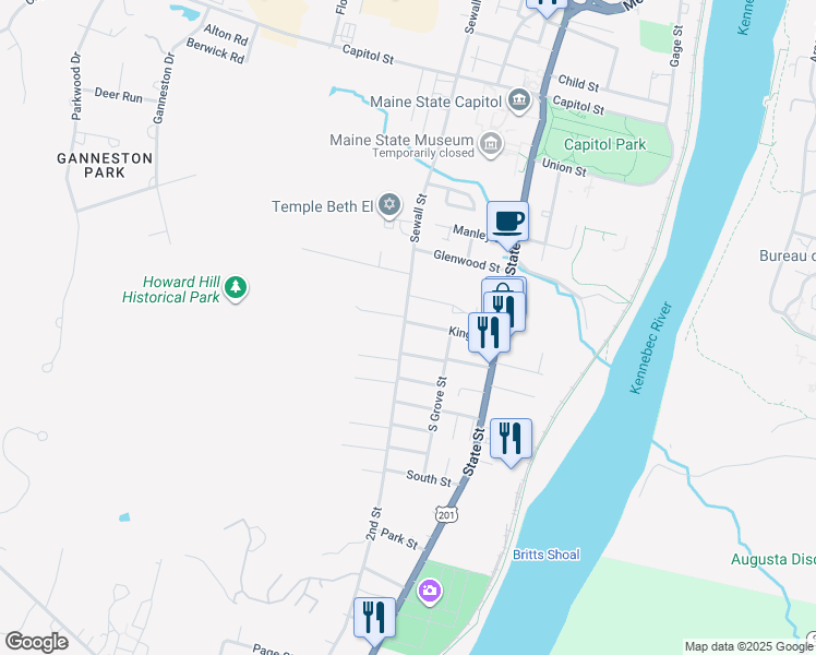 map of restaurants, bars, coffee shops, grocery stores, and more near 187 Sewall St in Augusta
