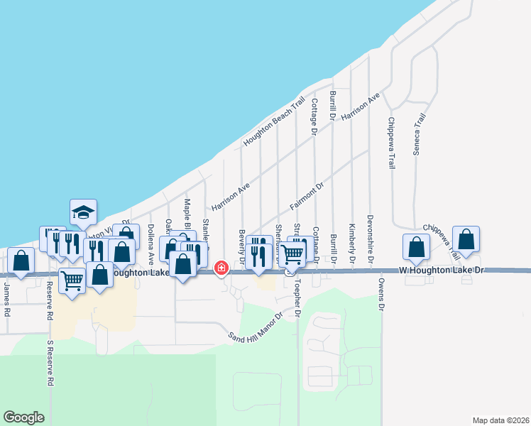 map of restaurants, bars, coffee shops, grocery stores, and more near 206 Tudor Drive in Houghton Lake