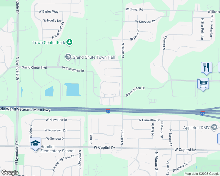 map of restaurants, bars, coffee shops, grocery stores, and more near 1618 West Evergreen Drive in Appleton