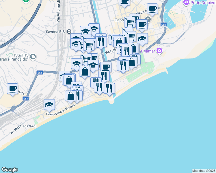 map of restaurants, bars, coffee shops, grocery stores, and more near 6/r Via Domenico Cimarosa in Savona