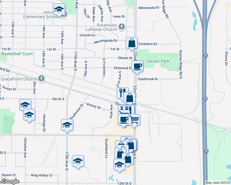 map of restaurants, bars, coffee shops, grocery stores, and more near 2100 Derdall Drive in Brookings