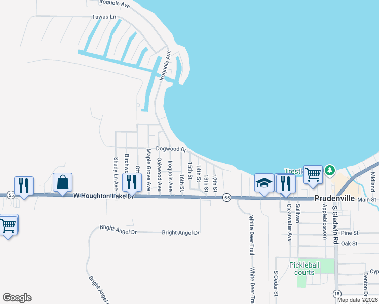 map of restaurants, bars, coffee shops, grocery stores, and more near 199 15th Street in Denton Township