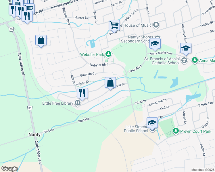 map of restaurants, bars, coffee shops, grocery stores, and more near 1277 Vincent Crescent in Innisfil