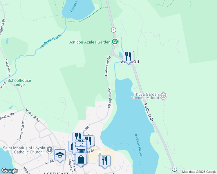 map of restaurants, bars, coffee shops, grocery stores, and more near 65 Harborside Road in Mount Desert